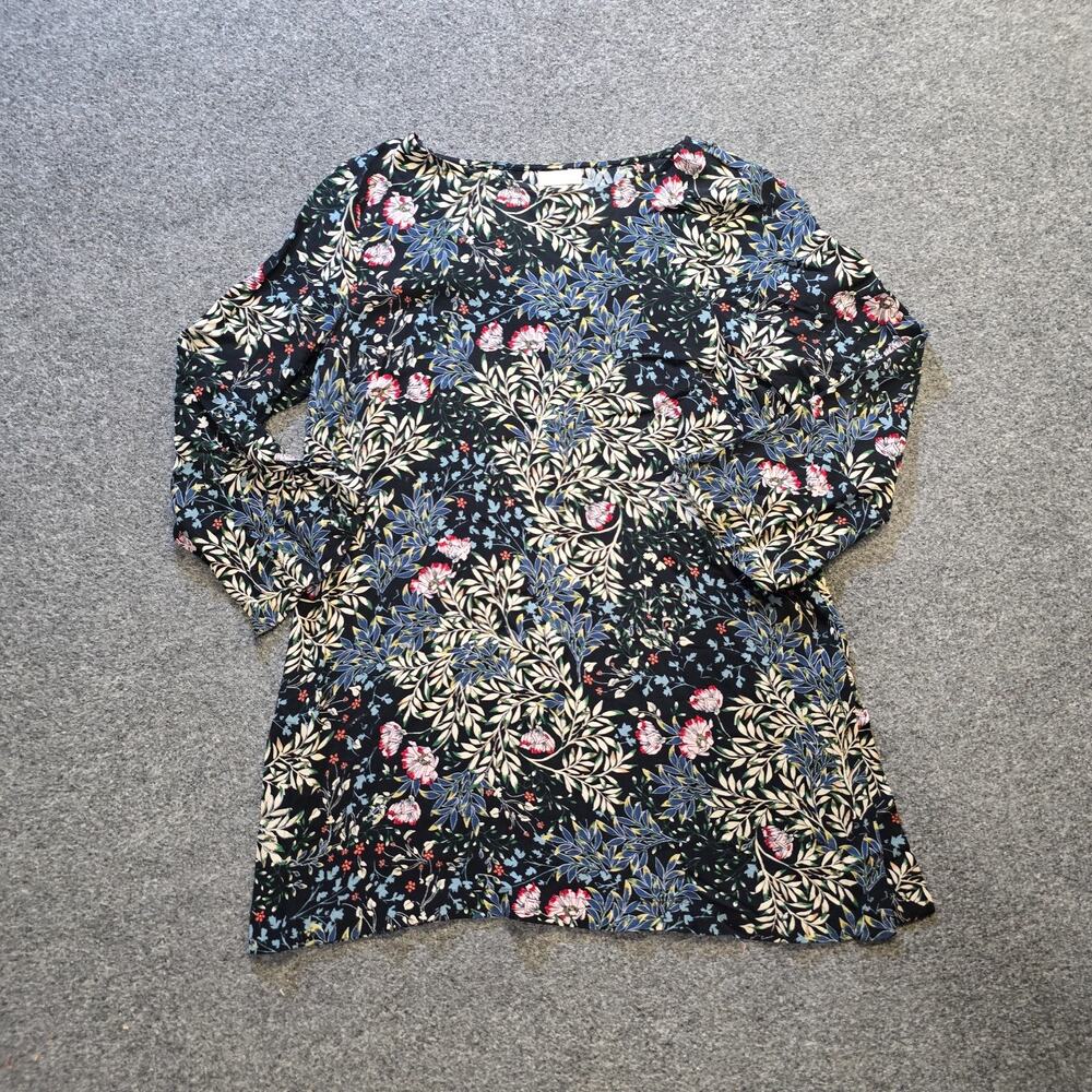 J Jill Top Womens Size Small Black Blue Floral Tunic Boat Neck Casual Career